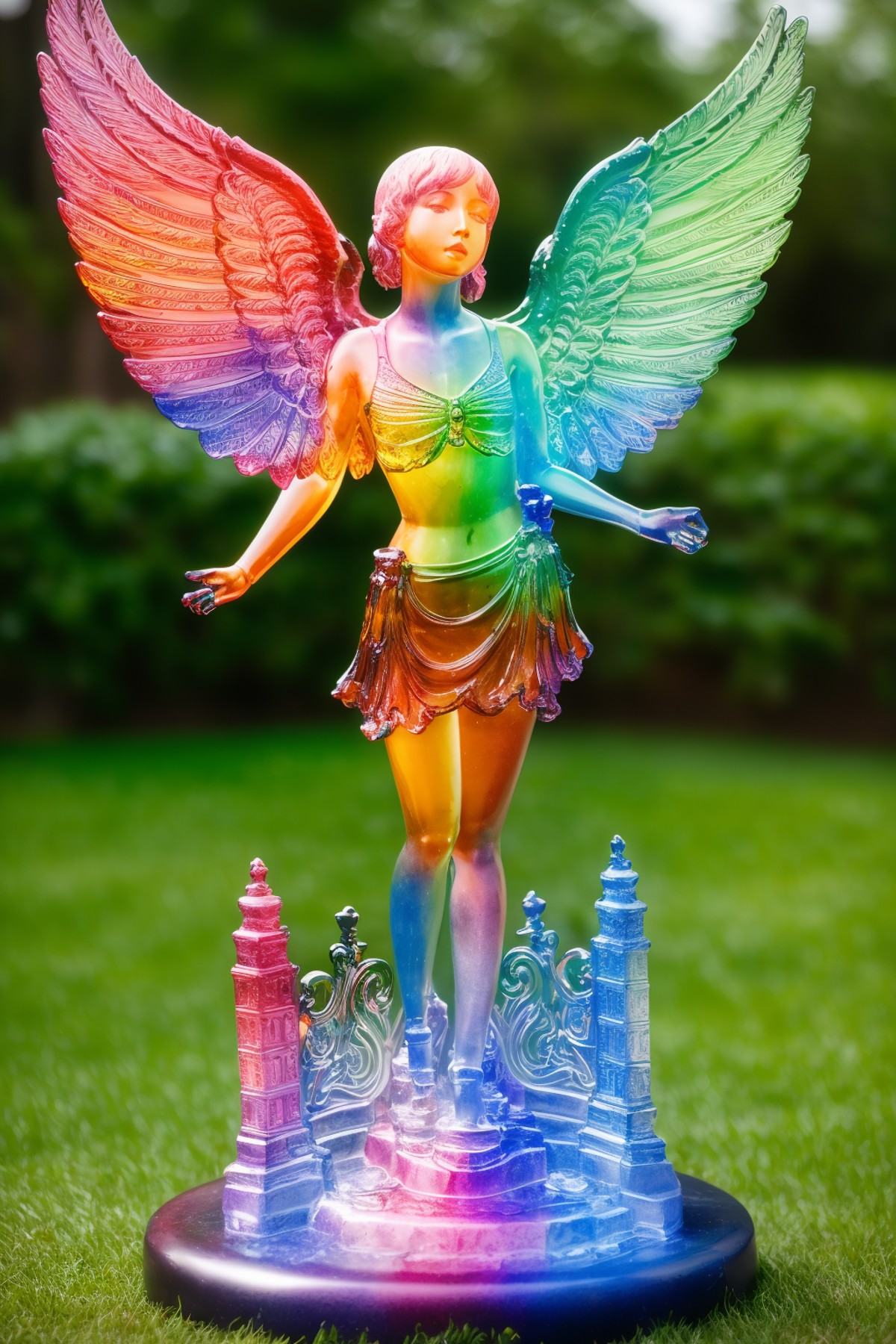 a statue of (colorful glaze, transparent:1.2) (a girl with wings:1.3), (solo:1.2), standing in lawn, <lora:colouredglazecd...